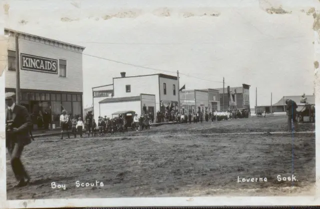 Boy Scouts parading down Main Street, Loverna